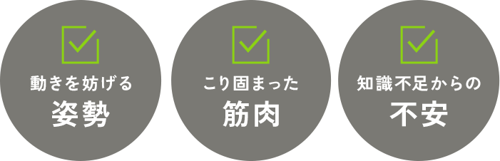 動きを妨げる姿勢・こり固まった筋肉・知識不足からの不安