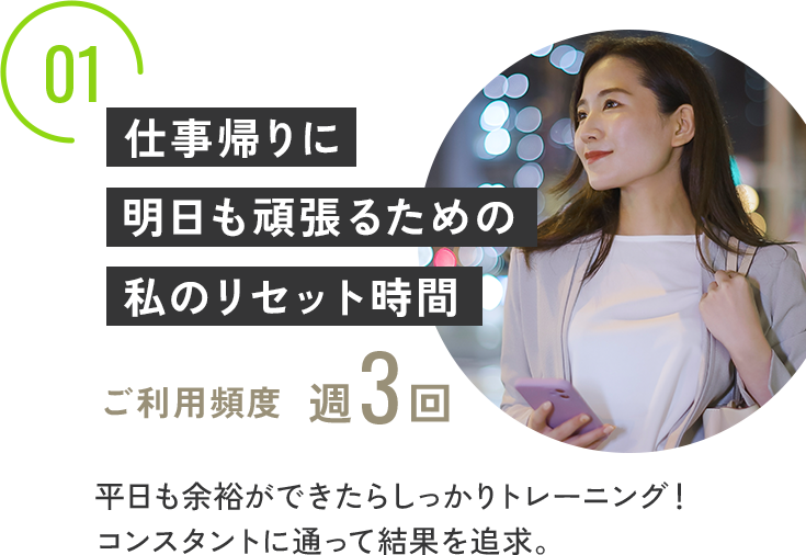 仕事帰りに明日も頑張るための私のリセット時間＿ご利用頻度週3回＿平日も余裕ができたらしっかりトレーニング！
        コンスタントに通って結果を追求＿