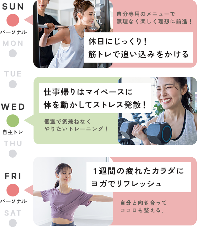 休日にじっくり！筋トレで追い込みをかける・仕事帰りはマイペースに体を動かしてストレス発散！・１週間の疲れたカラダに
        ヨガでリフレッシュ